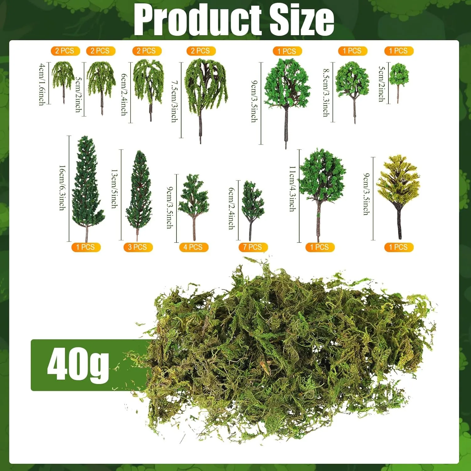 Tigeen 28 Pcs Model Trees Mixed Model with 1.4 Ounce Faux Green Moss Decor Tree Train Scenery Architecture for DIY Crafts, Building, Scenery Landscape(Natural Green)