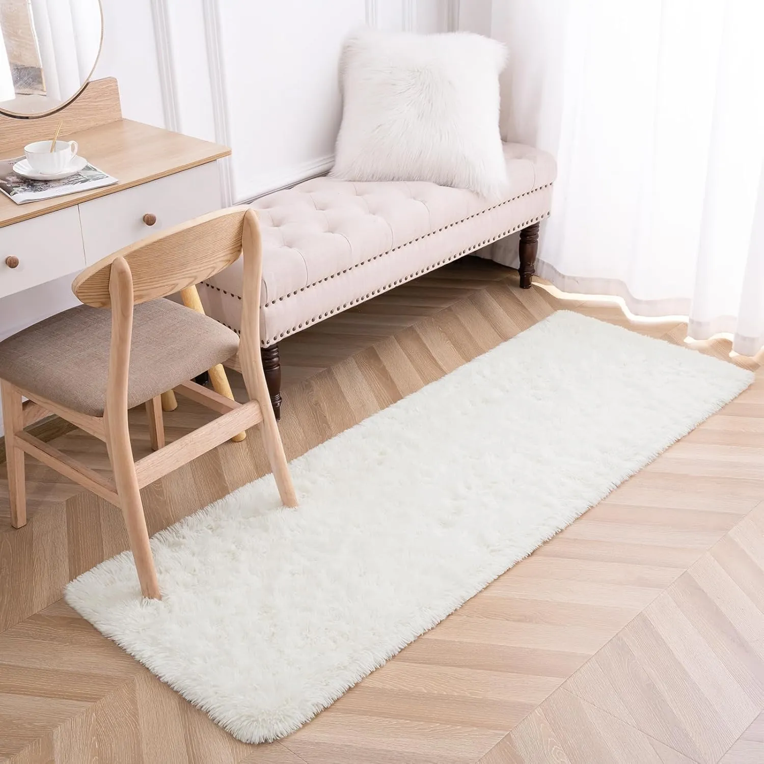 Toneed Fluffy Runner Rug for Bedroom Living Room, 2 x 6 Feet Cream Shaggy Rug Super Soft Modern Indoor Area Rug Fuzzy Plush Carpet for Dorm Nursery Kids Room Home Decorative