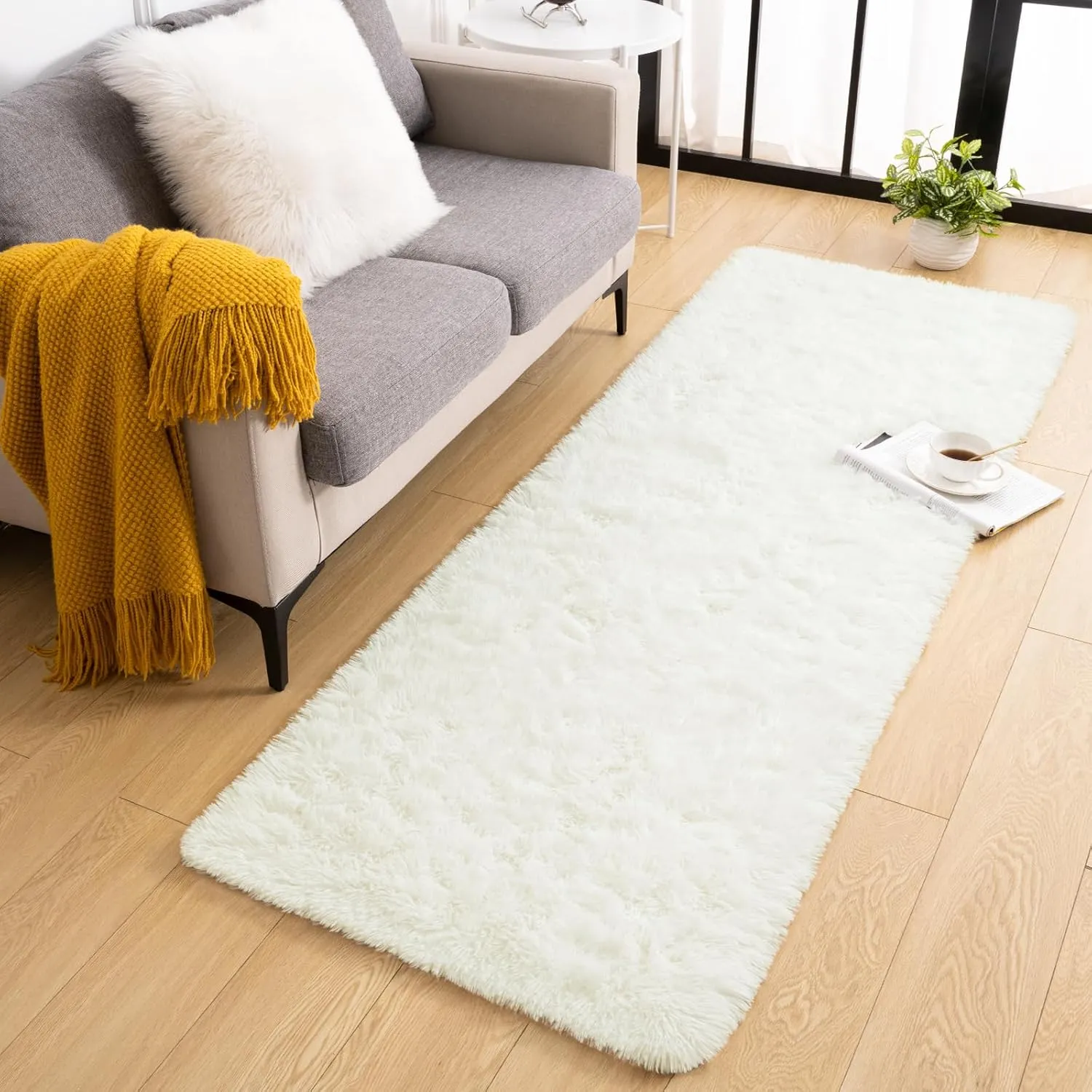 Toneed Fluffy Runner Rug for Bedroom Living Room, 2 x 6 Feet Cream Shaggy Rug Super Soft Modern Indoor Area Rug Fuzzy Plush Carpet for Dorm Nursery Kids Room Home Decorative