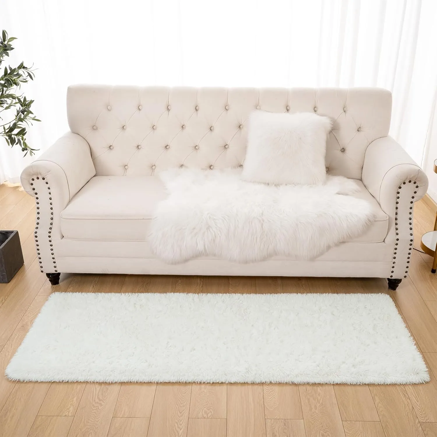 Toneed Fluffy Runner Rug for Bedroom Living Room, 2 x 6 Feet Cream Shaggy Rug Super Soft Modern Indoor Area Rug Fuzzy Plush Carpet for Dorm Nursery Kids Room Home Decorative