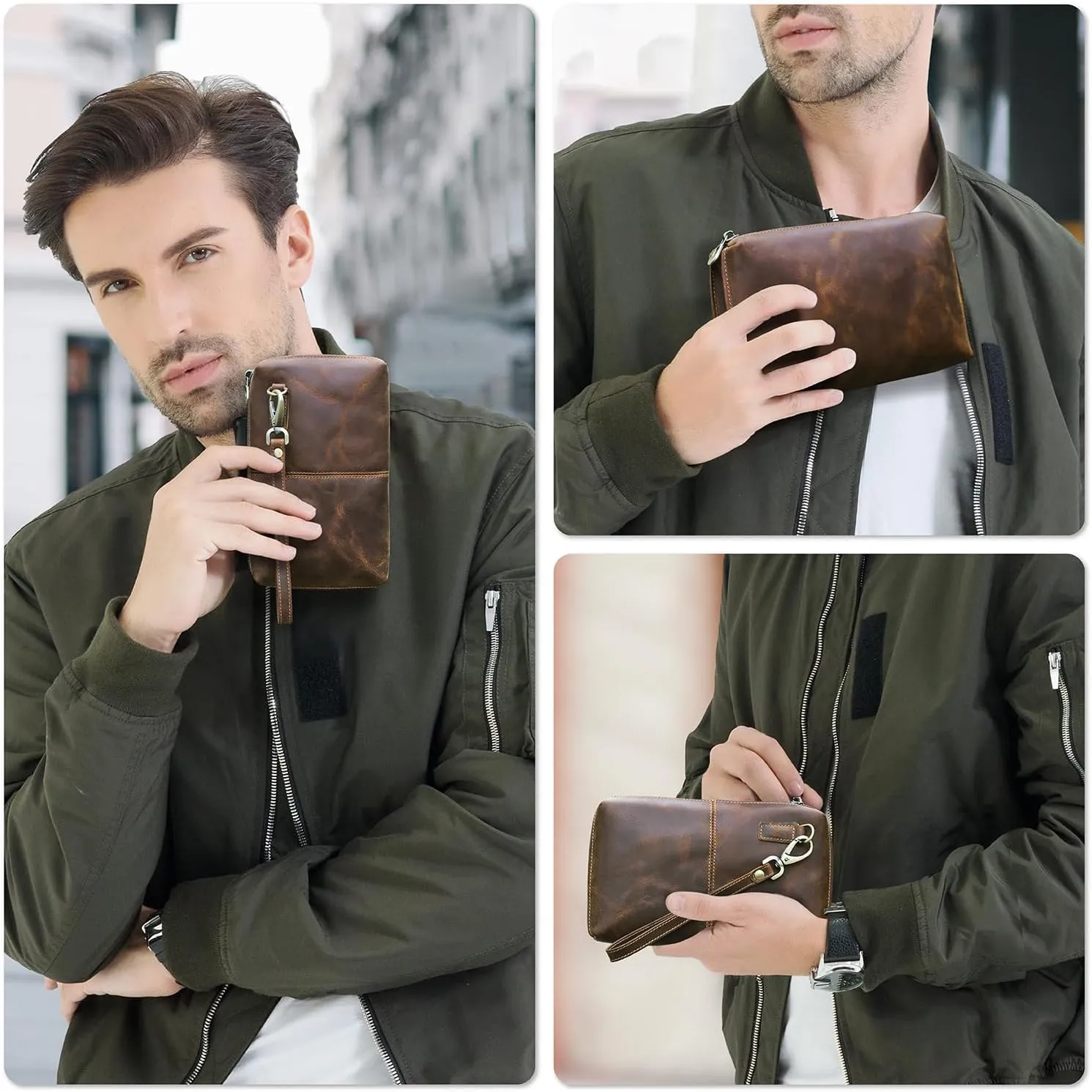 Top Grain Genuine Leather Clutch Wallet with Wristlet for Man & Woman, Handmade Simple Retro Vintage Design, Multi Pockets & Card Slots, RFID Large Capacity for Cards/ID/Checks/Banknote/Phone, Coffee