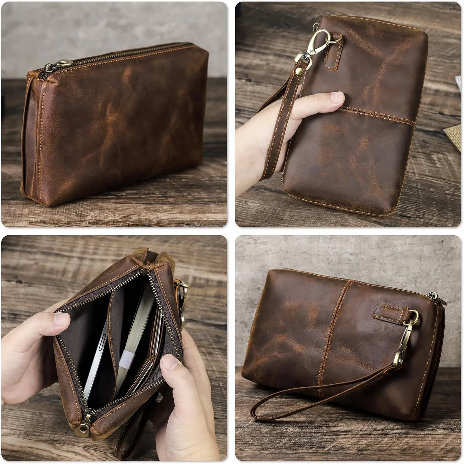Top Grain Genuine Leather Clutch Wallet with Wristlet for Man & Woman, Handmade Simple Retro Vintage Design, Multi Pockets & Card Slots, RFID Large Capacity for Cards/ID/Checks/Banknote/Phone, Coffee