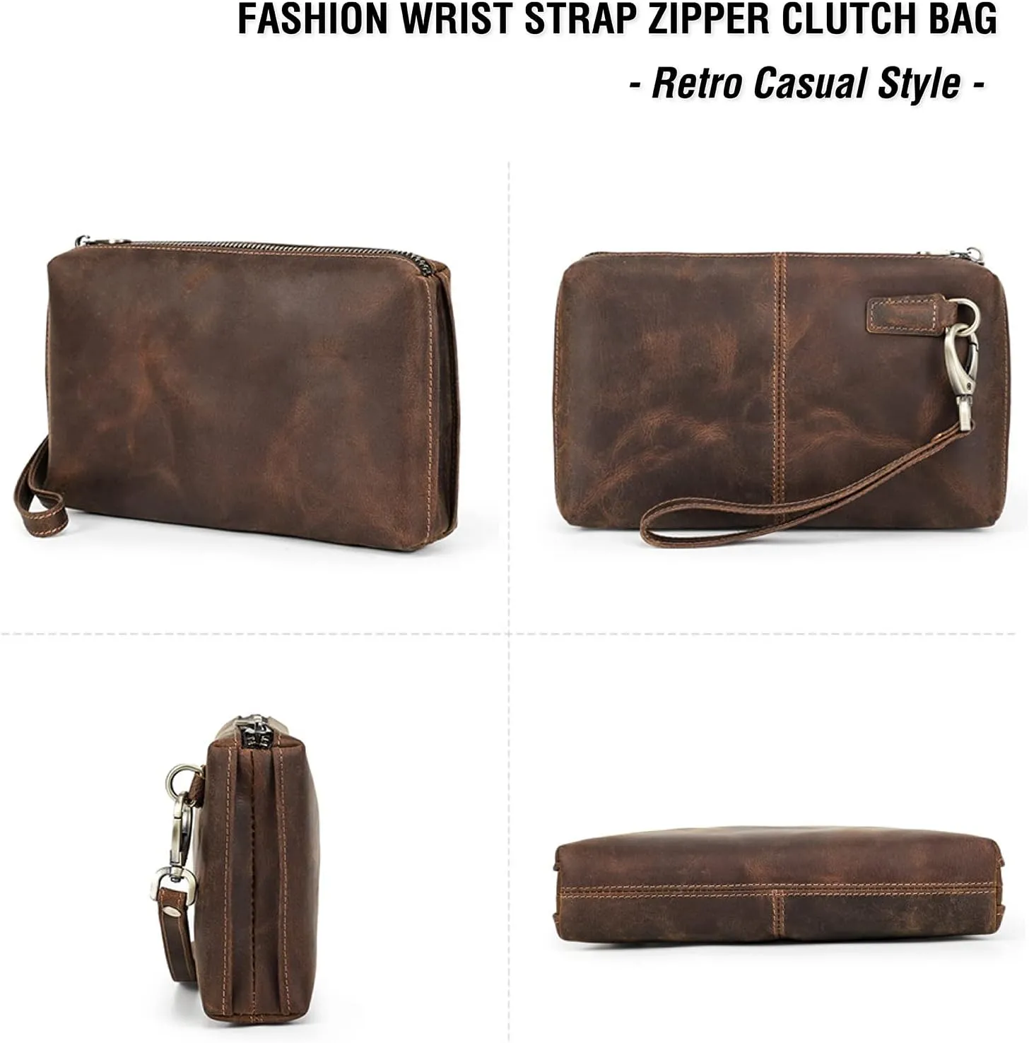 Top Grain Genuine Leather Clutch Wallet with Wristlet for Man & Woman, Handmade Simple Retro Vintage Design, Multi Pockets & Card Slots, RFID Large Capacity for Cards/ID/Checks/Banknote/Phone, Coffee
