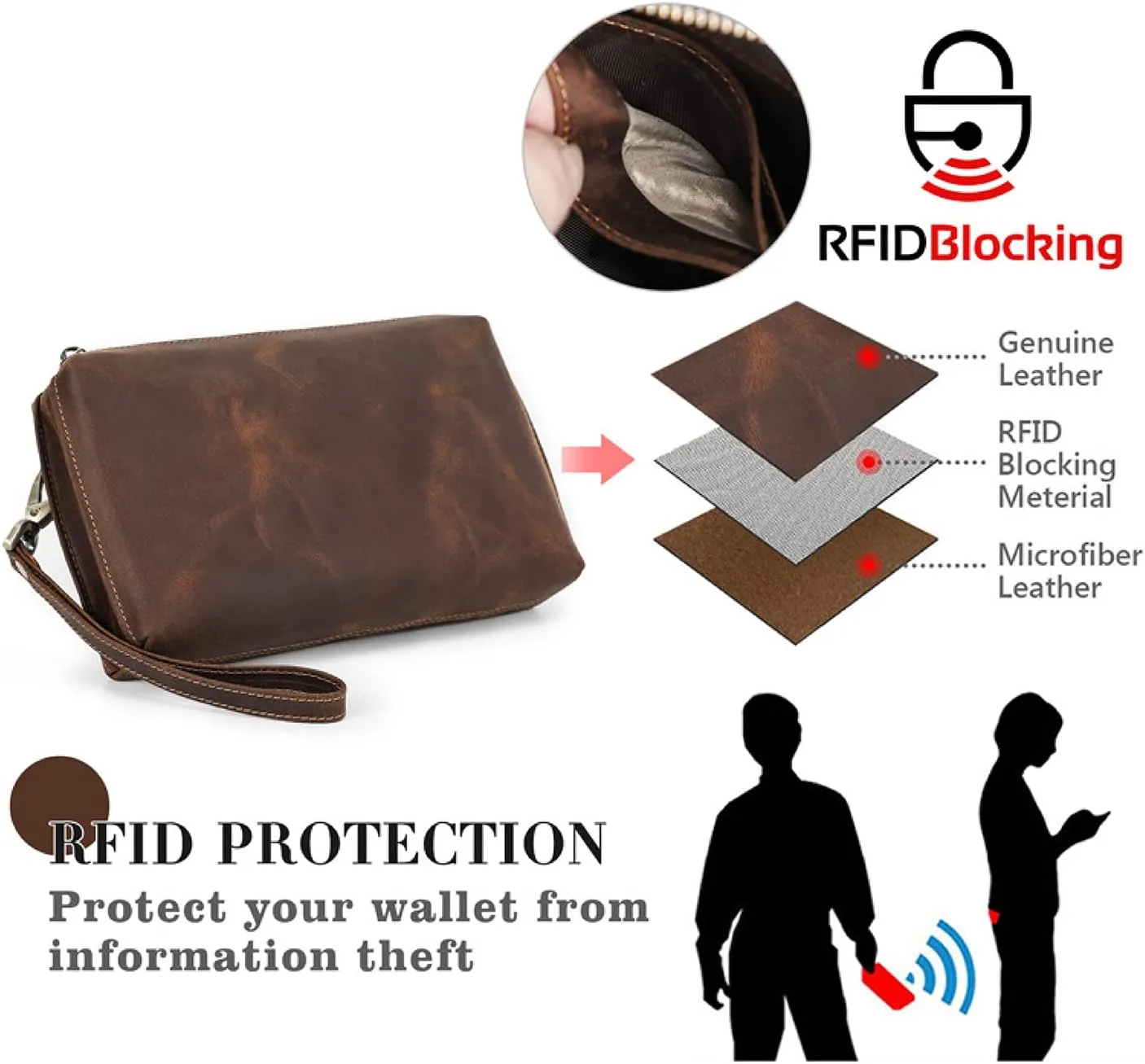 Top Grain Genuine Leather Clutch Wallet with Wristlet for Man & Woman, Handmade Simple Retro Vintage Design, Multi Pockets & Card Slots, RFID Large Capacity for Cards/ID/Checks/Banknote/Phone, Coffee