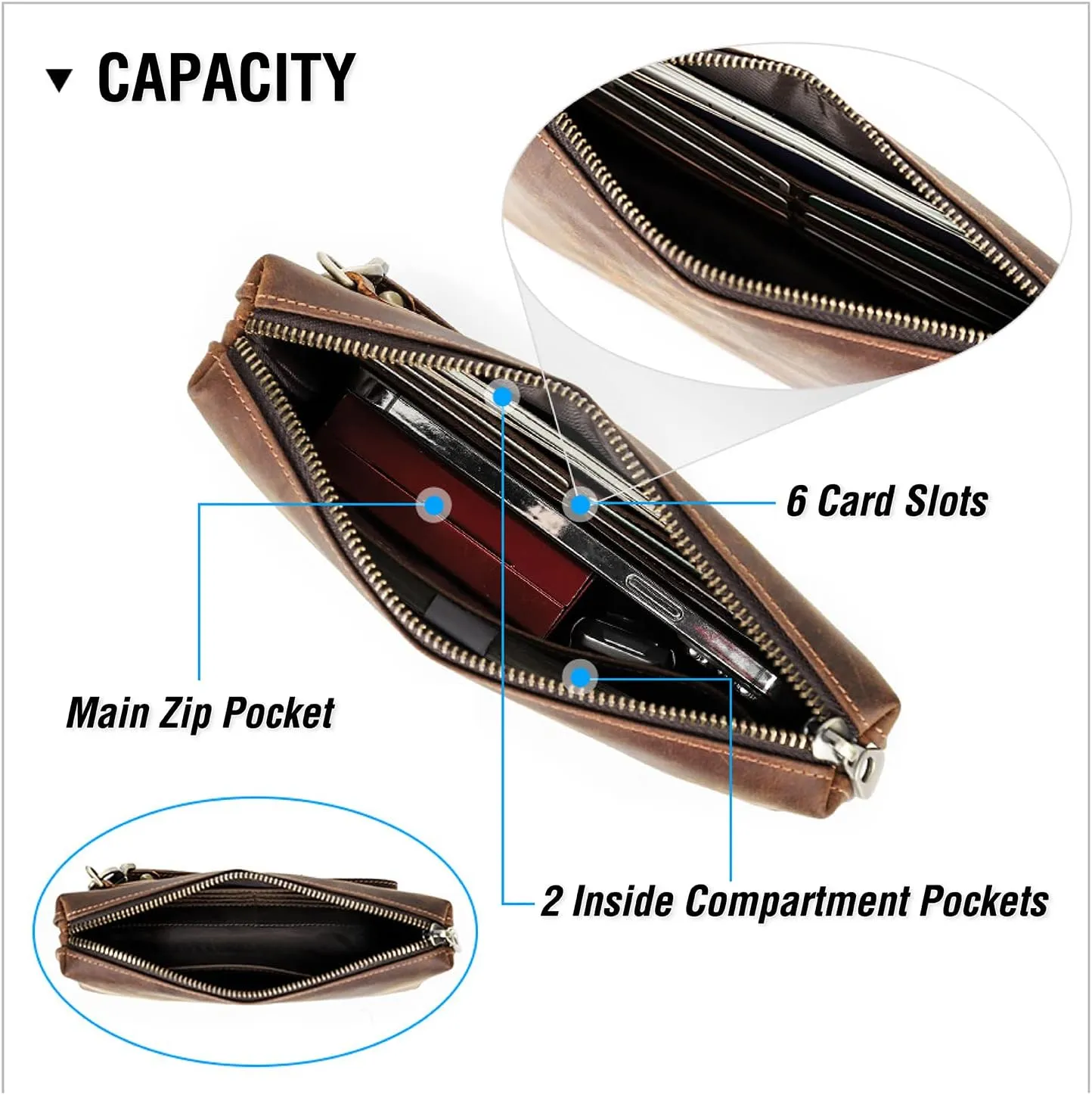 Top Grain Genuine Leather Clutch Wallet with Wristlet for Man & Woman, Handmade Simple Retro Vintage Design, Multi Pockets & Card Slots, RFID Large Capacity for Cards/ID/Checks/Banknote/Phone, Coffee