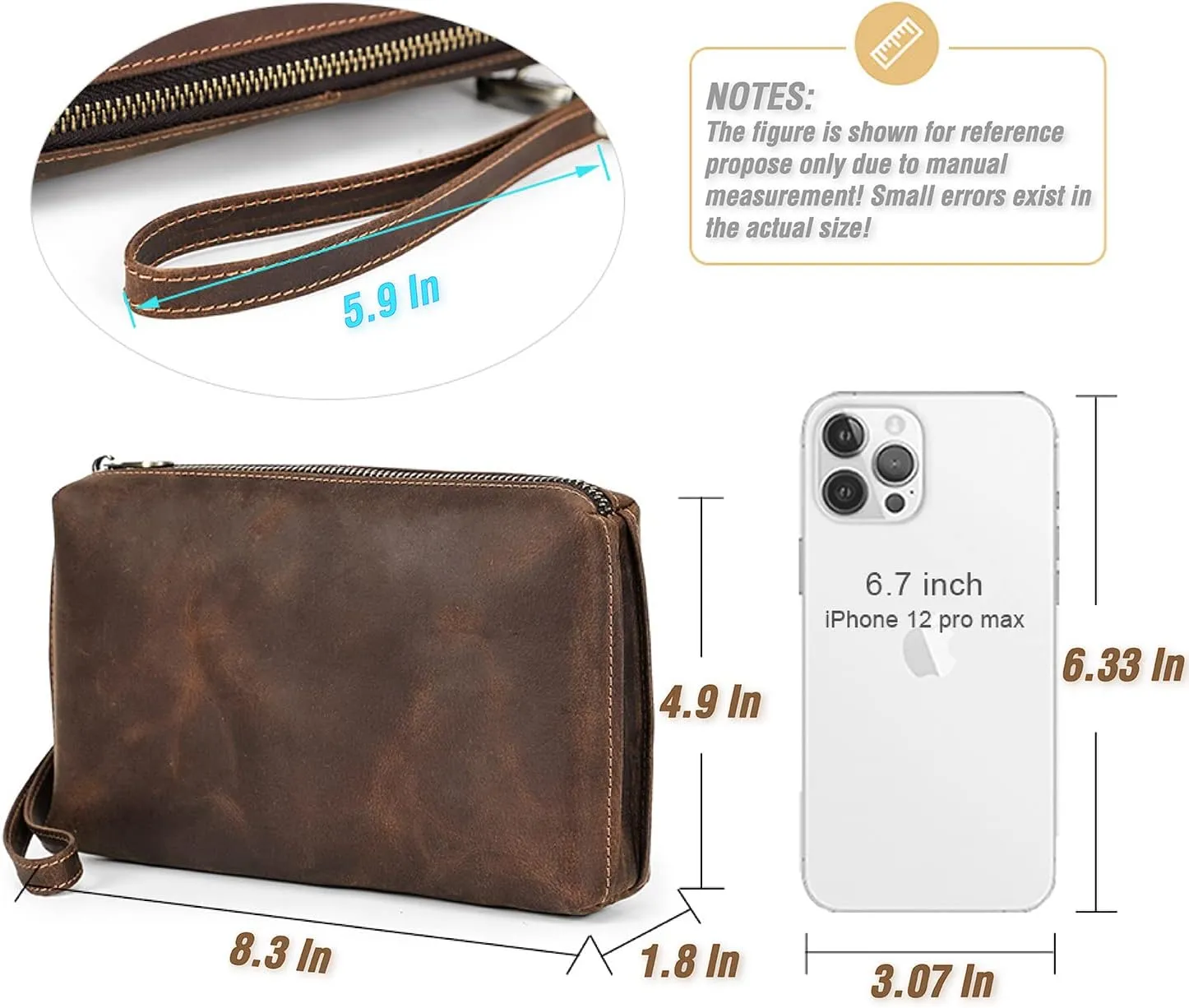 Top Grain Genuine Leather Clutch Wallet with Wristlet for Man & Woman, Handmade Simple Retro Vintage Design, Multi Pockets & Card Slots, RFID Large Capacity for Cards/ID/Checks/Banknote/Phone, Coffee