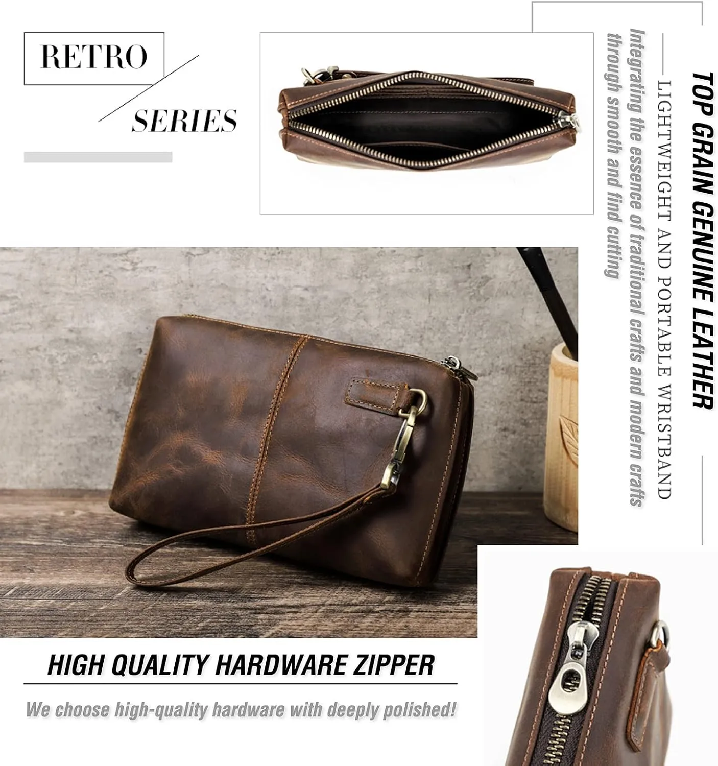 Top Grain Genuine Leather Clutch Wallet with Wristlet for Man & Woman, Handmade Simple Retro Vintage Design, Multi Pockets & Card Slots, RFID Large Capacity for Cards/ID/Checks/Banknote/Phone, Coffee