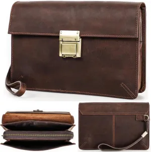 Top Grain Genuine Leather Handbag Wallet with Wristlet for Man & Woman, Handmade Vintage Design, Combination Lock & Multi Pockets/Slots, RFID Large Capacity for Card/Check/Banknote/Passport, Red Brown