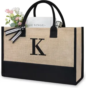 TOPDesign Initial Jute/Canvas Tote Bag, Personalized Present Bag, Suitable for Wedding, Birthday, Beach, Holiday, is a Great Gift for Women, Mom, Teachers, Friends, Bridesmaids (Letter K)