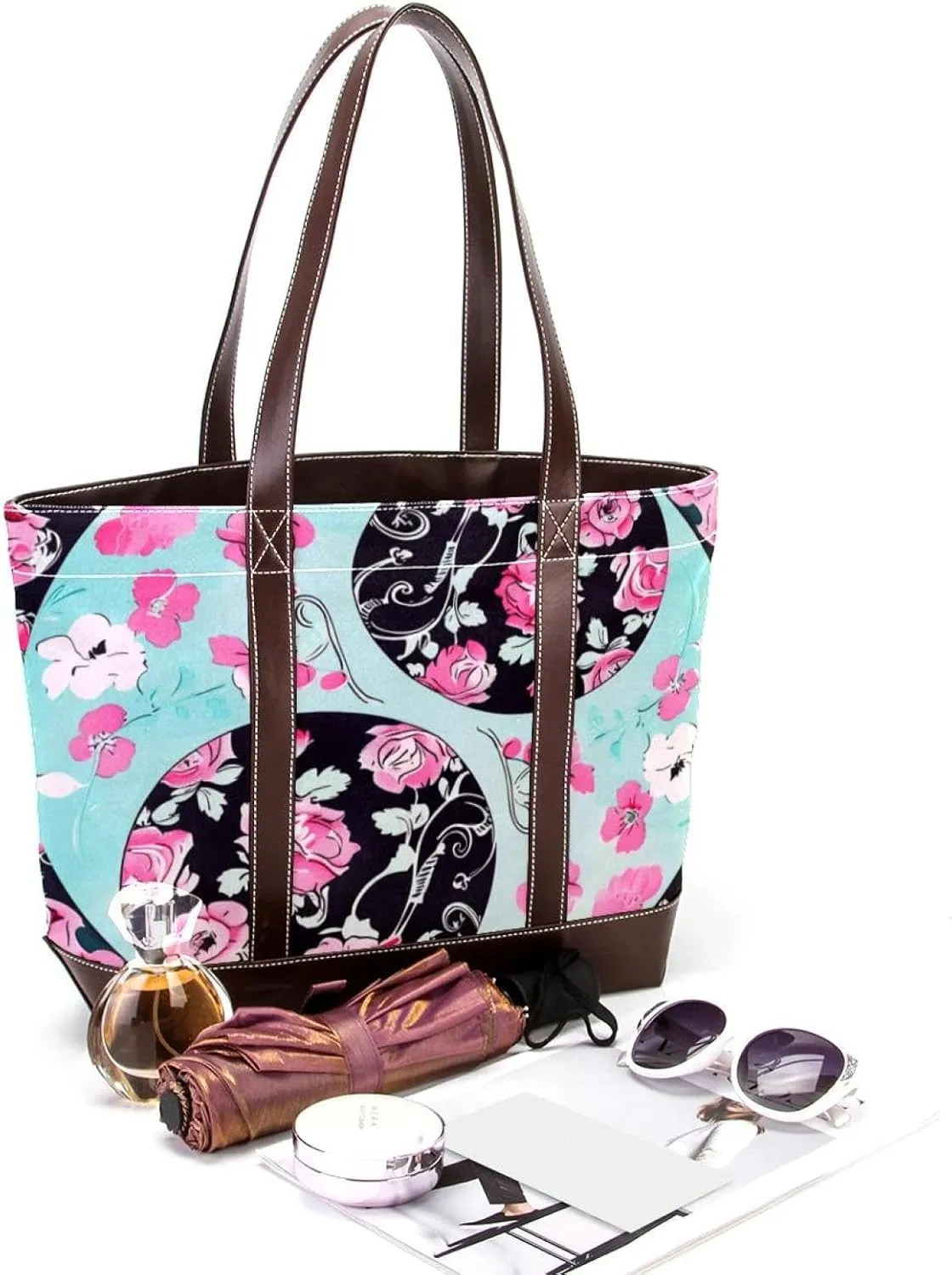 Tote Bag for Women, Large Tote Bag, Women's Tote Handbags, Yin Yang Gossip Pink Rose Flower, Womens Tote Bag