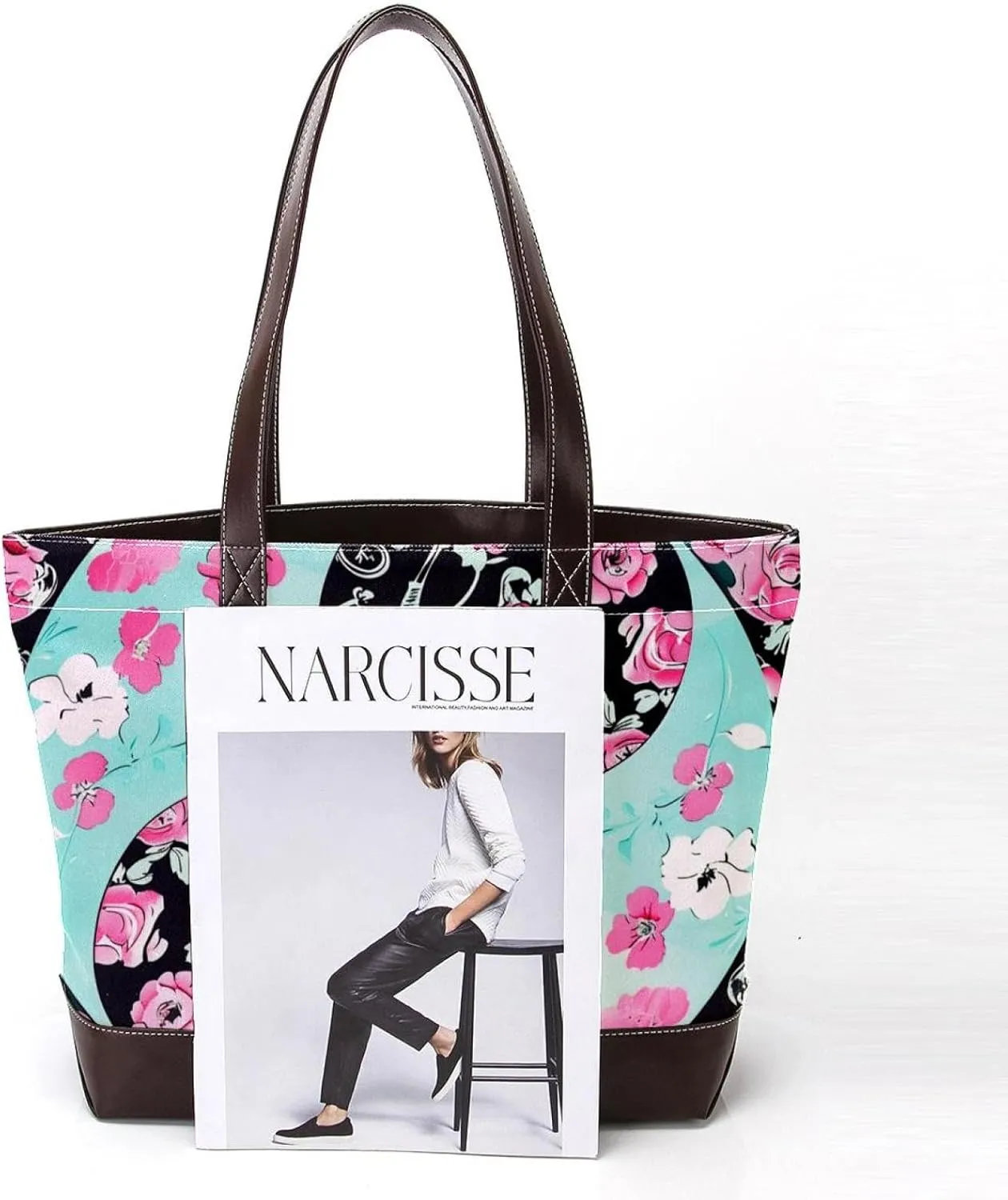 Tote Bag for Women, Large Tote Bag, Women's Tote Handbags, Yin Yang Gossip Pink Rose Flower, Womens Tote Bag