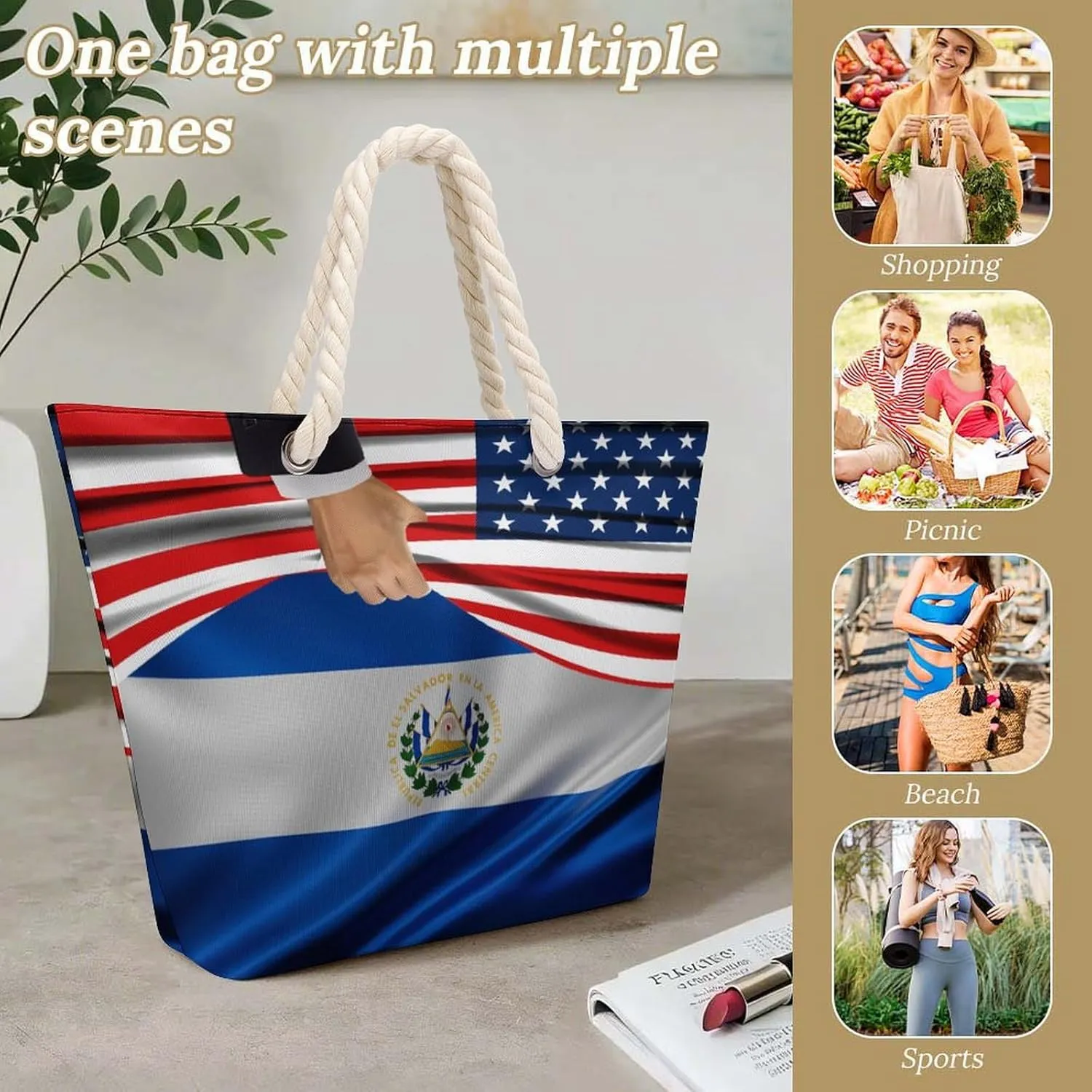 Tote Bag Large Handles Beach Bag with Zipper for Shopping Groceries Travel Outdoors Swim Pool Bag