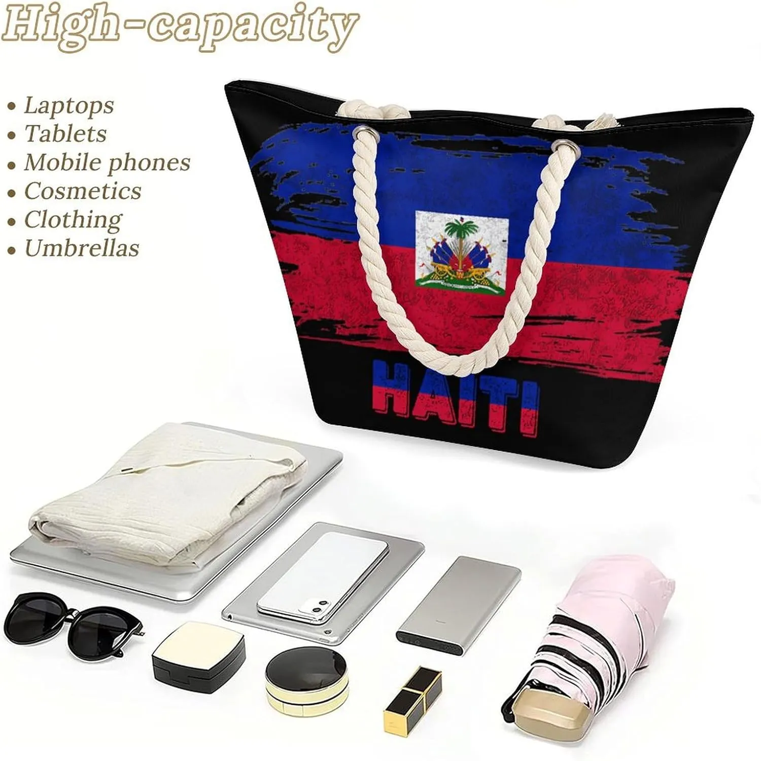 Tote Bag Large Handles Beach Bag with Zipper for Shopping Groceries Travel Outdoors Swim Pool Bag