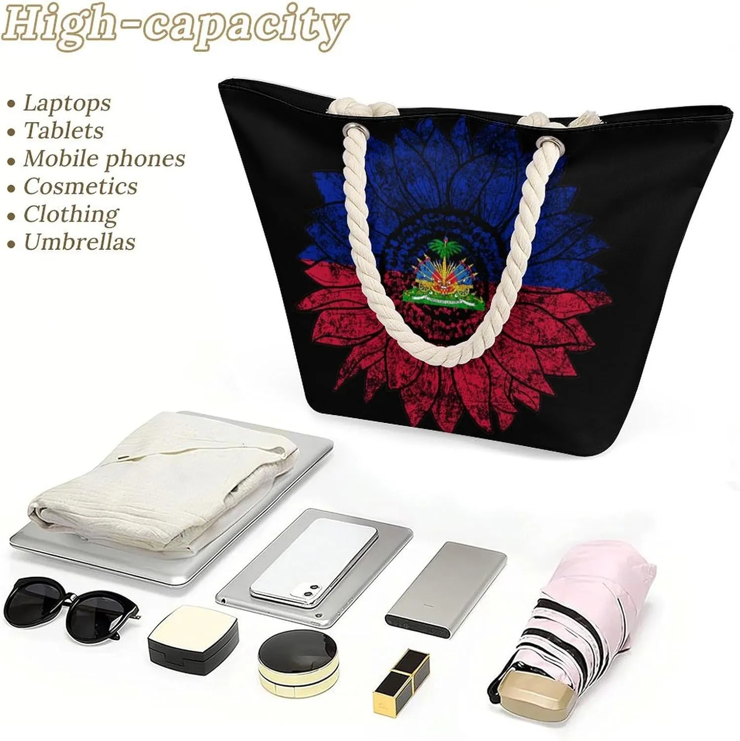 Tote Bag Large Handles Beach Bag with Zipper for Shopping Groceries Travel Outdoors Swim Pool Bag