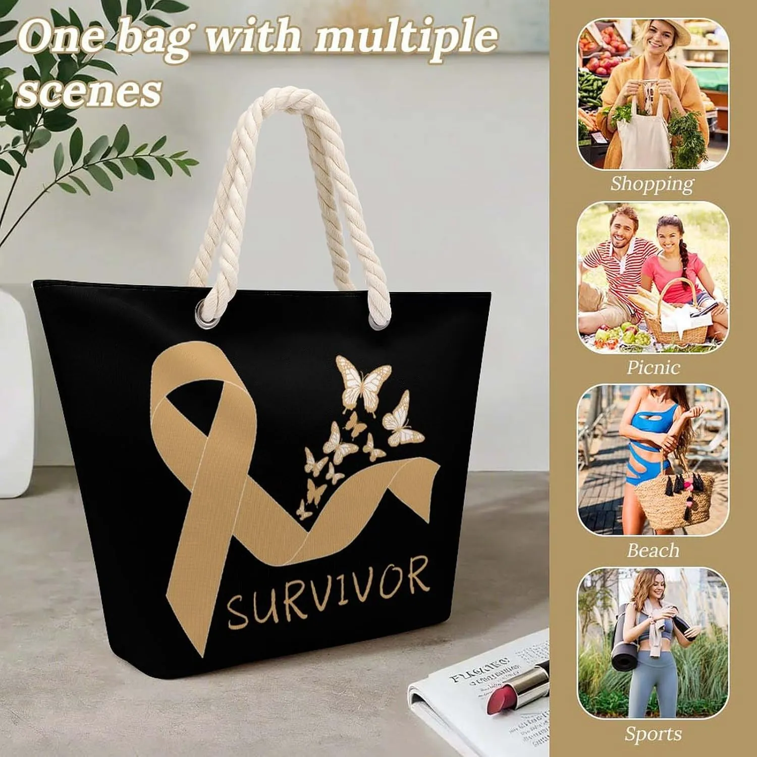 Tote Bag Large Handles Beach Bag with Zipper for Shopping Groceries Travel Outdoors Swim Pool Bag