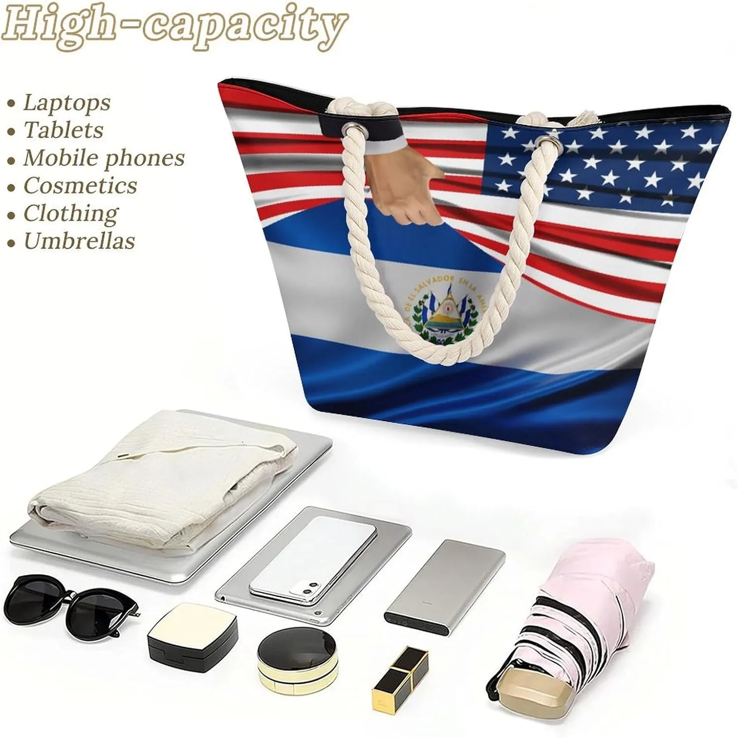 Tote Bag Large Handles Beach Bag with Zipper for Shopping Groceries Travel Outdoors Swim Pool Bag