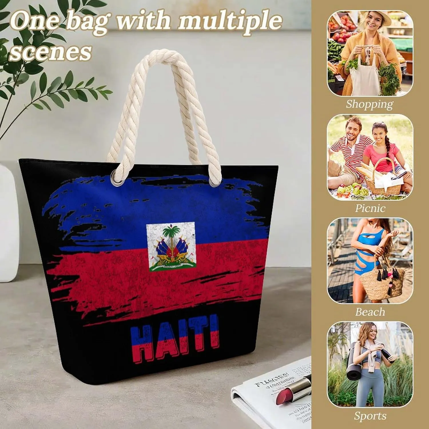 Tote Bag Large Handles Beach Bag with Zipper for Shopping Groceries Travel Outdoors Swim Pool Bag
