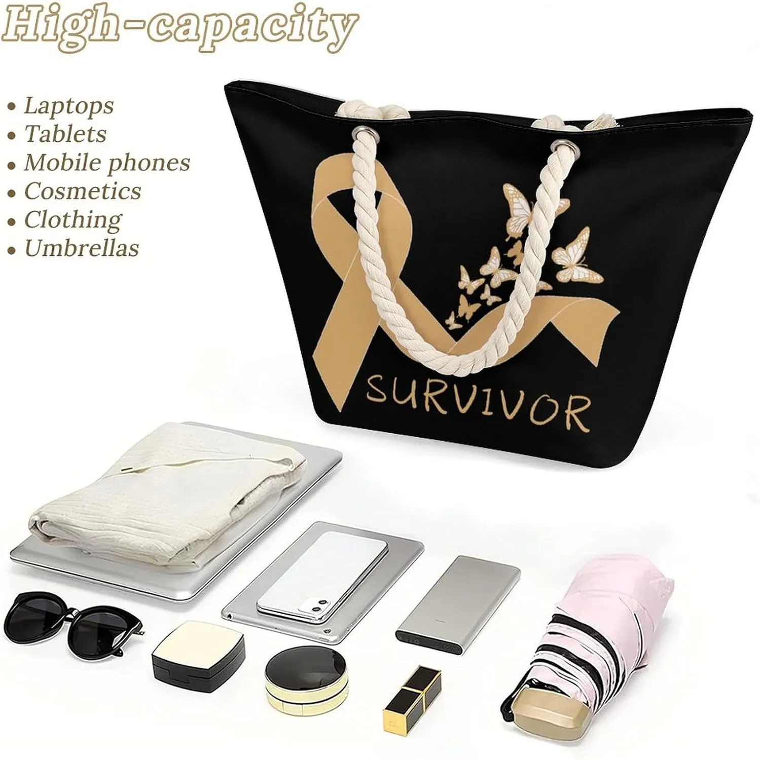 Tote Bag Large Handles Beach Bag with Zipper for Shopping Groceries Travel Outdoors Swim Pool Bag