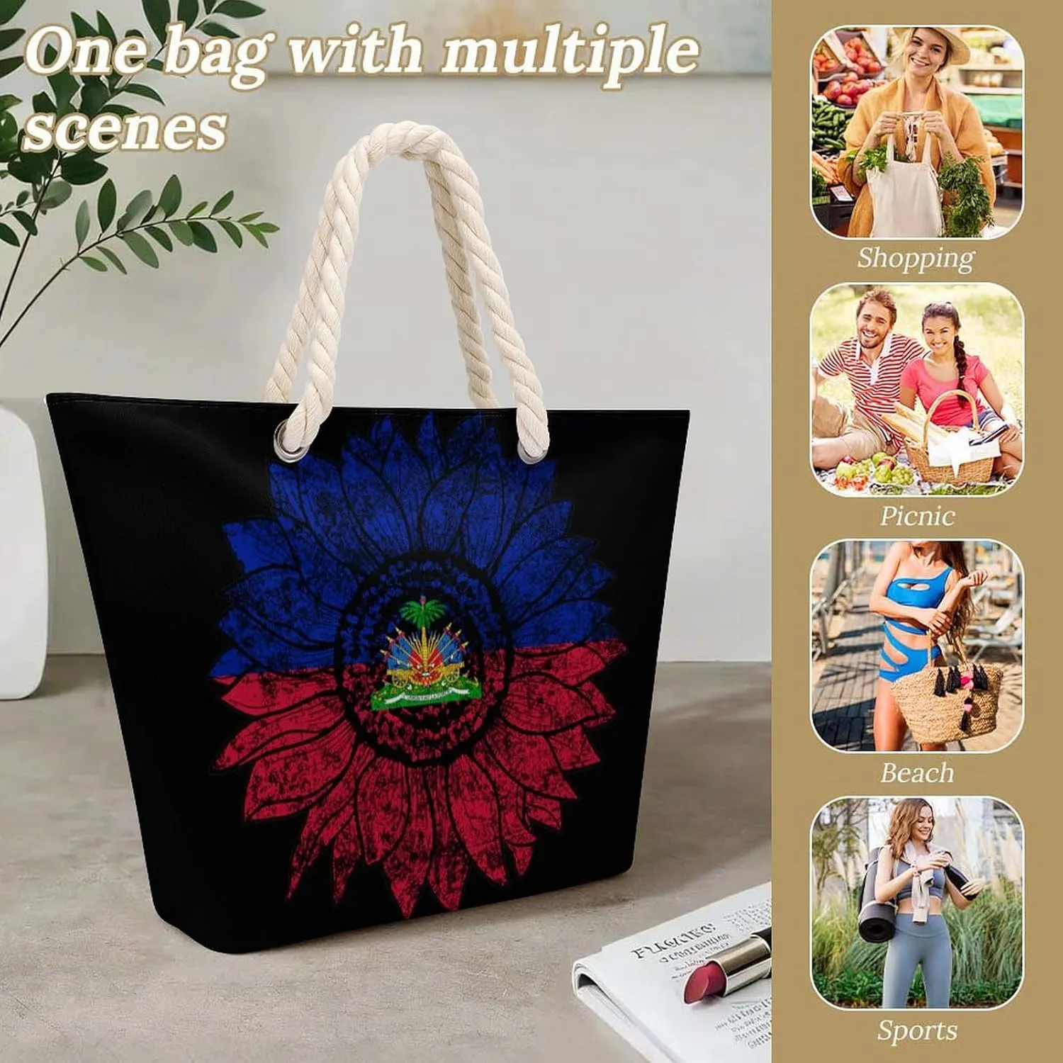 Tote Bag Large Handles Beach Bag with Zipper for Shopping Groceries Travel Outdoors Swim Pool Bag