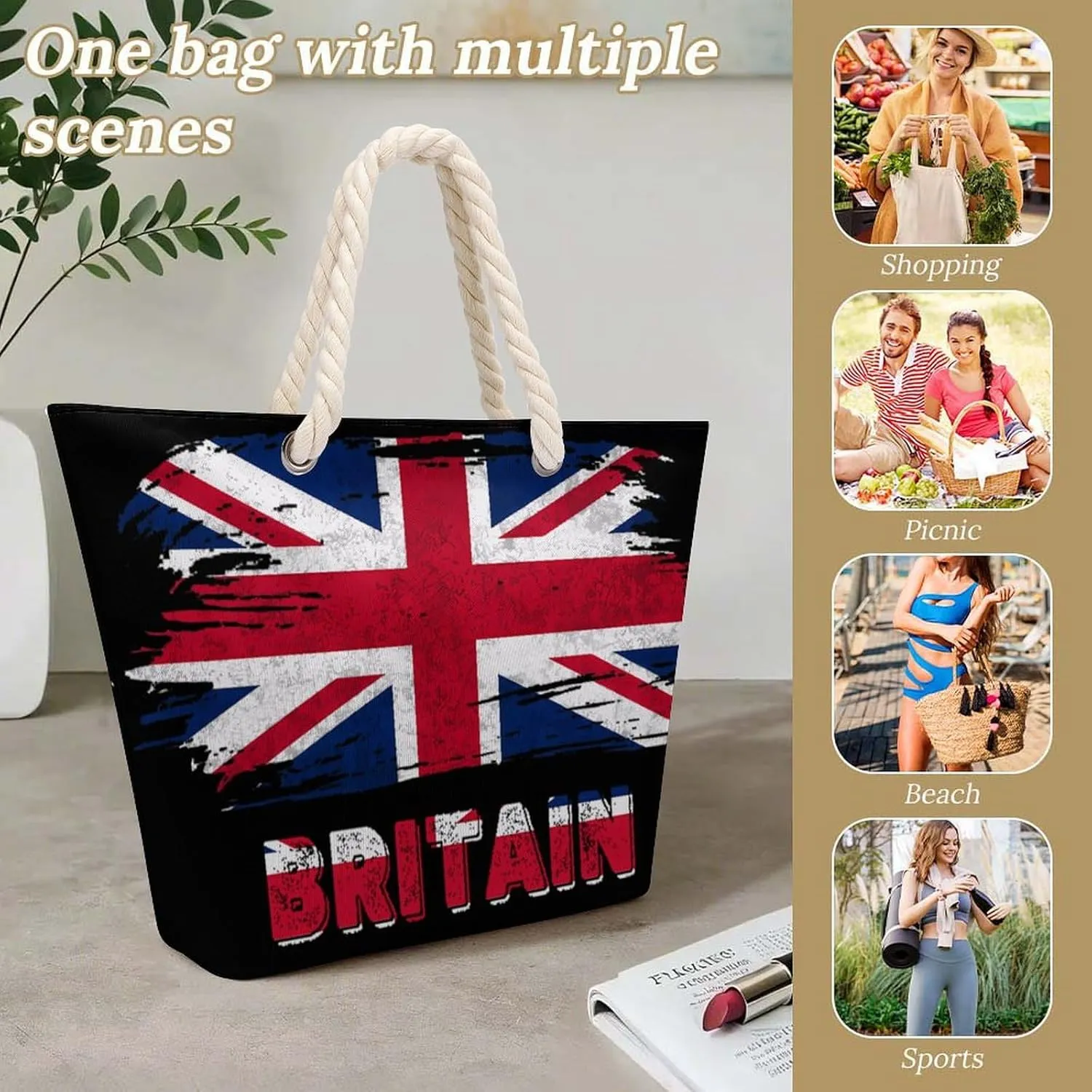 Tote Bag Large Handles Beach Bag with Zipper for Shopping Groceries Travel Outdoors Swim Pool Bag