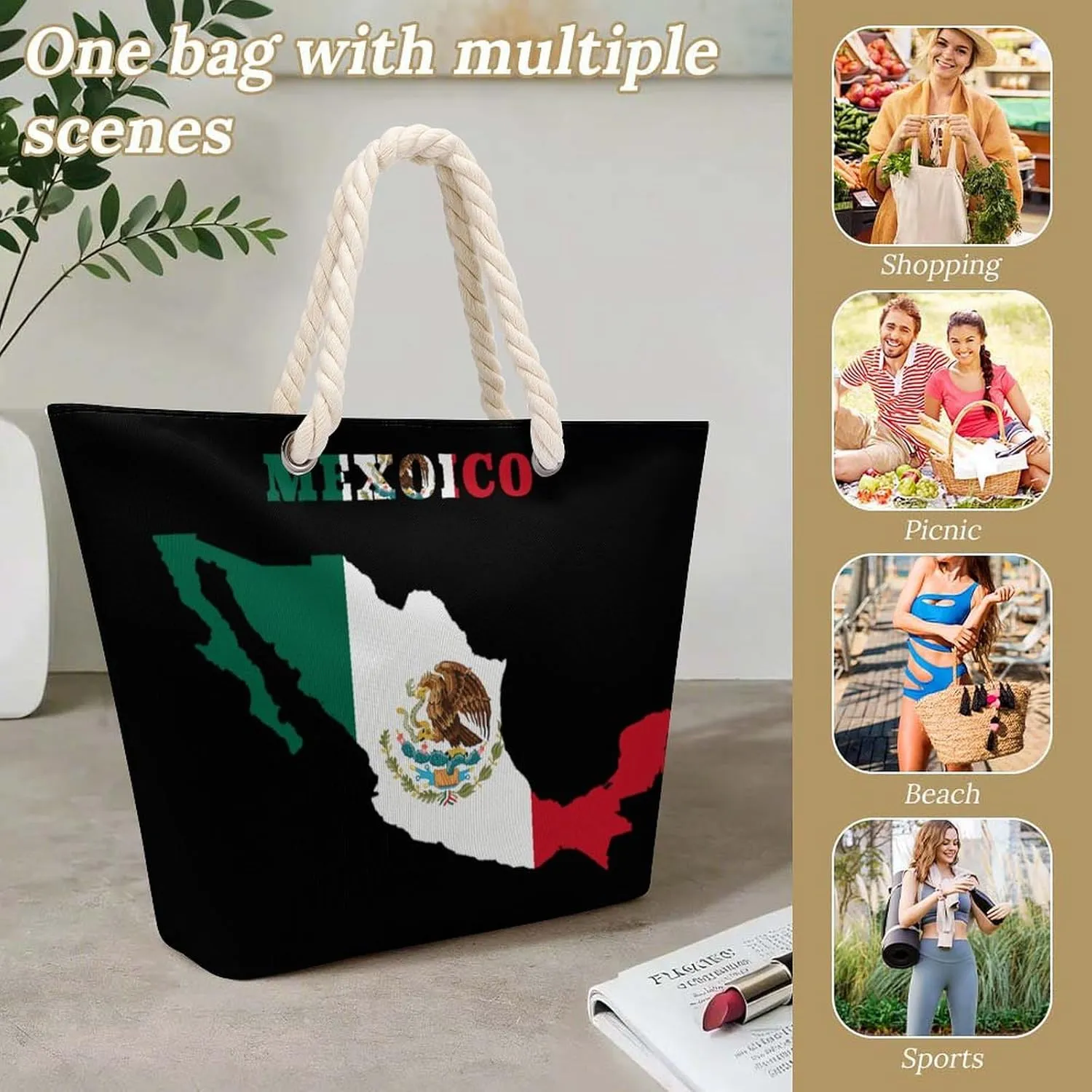 Tote Bag Large Handles Beach Bag with Zipper for Shopping Groceries Travel Outdoors Swim Pool Bag