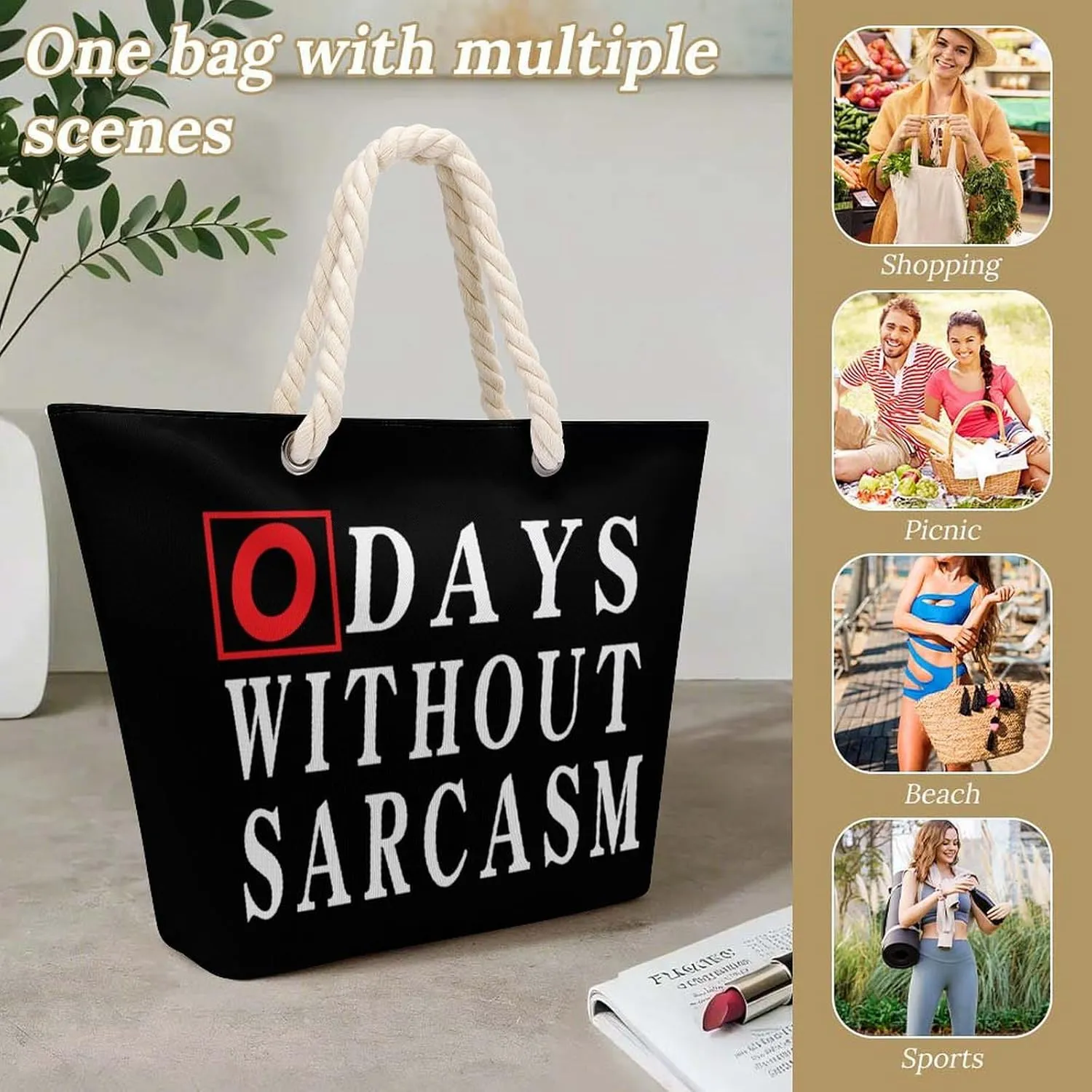 Tote Bag Large Handles Beach Bag with Zipper for Shopping Groceries Travel Outdoors Swim Pool Bag
