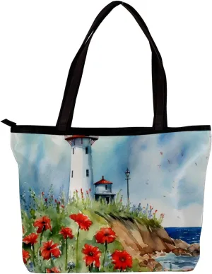 Tote Bags for Women,Womens Handbags,Small Tote Bag,Flower Bush Summer Lighthouse