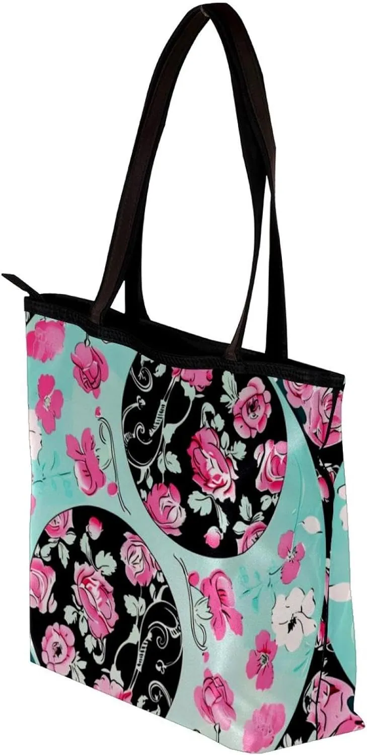 Tote Bags, Large Tote Bags for Women, Women's Tote Handbags, Yin Yang Gossip Pink Rose Flower, Tote Bag for Work