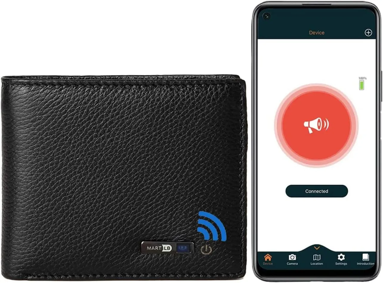 Trackable Anti-Lost Bluetooth Wallet, Intelligent Tracker Finder with Position Locator (Via Phone GPS) Bifold Cowhide Leather Minimalist Credit Card Purse (Black, Horizontal)