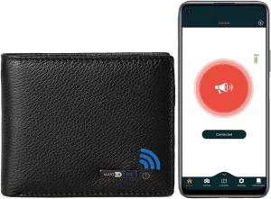 Trackable Anti-Lost Bluetooth Wallet, Intelligent Tracker Finder with Position Locator (Via Phone GPS) Bifold Cowhide Leather Minimalist Credit Card Purse (Black, Horizontal)