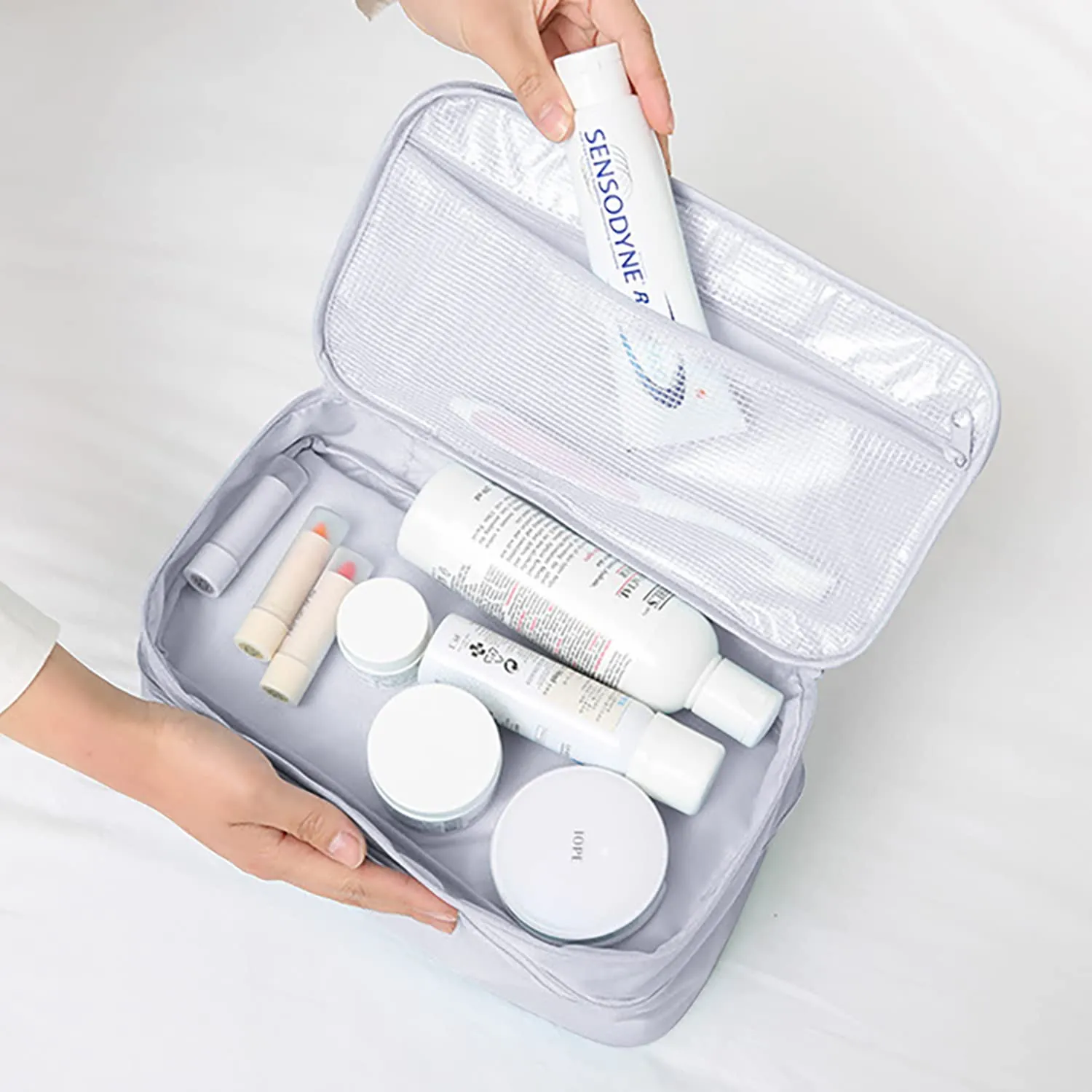 Travel Double Layer Waterproof Organizer Cosmetic Toiletry Bag Grey HLC063