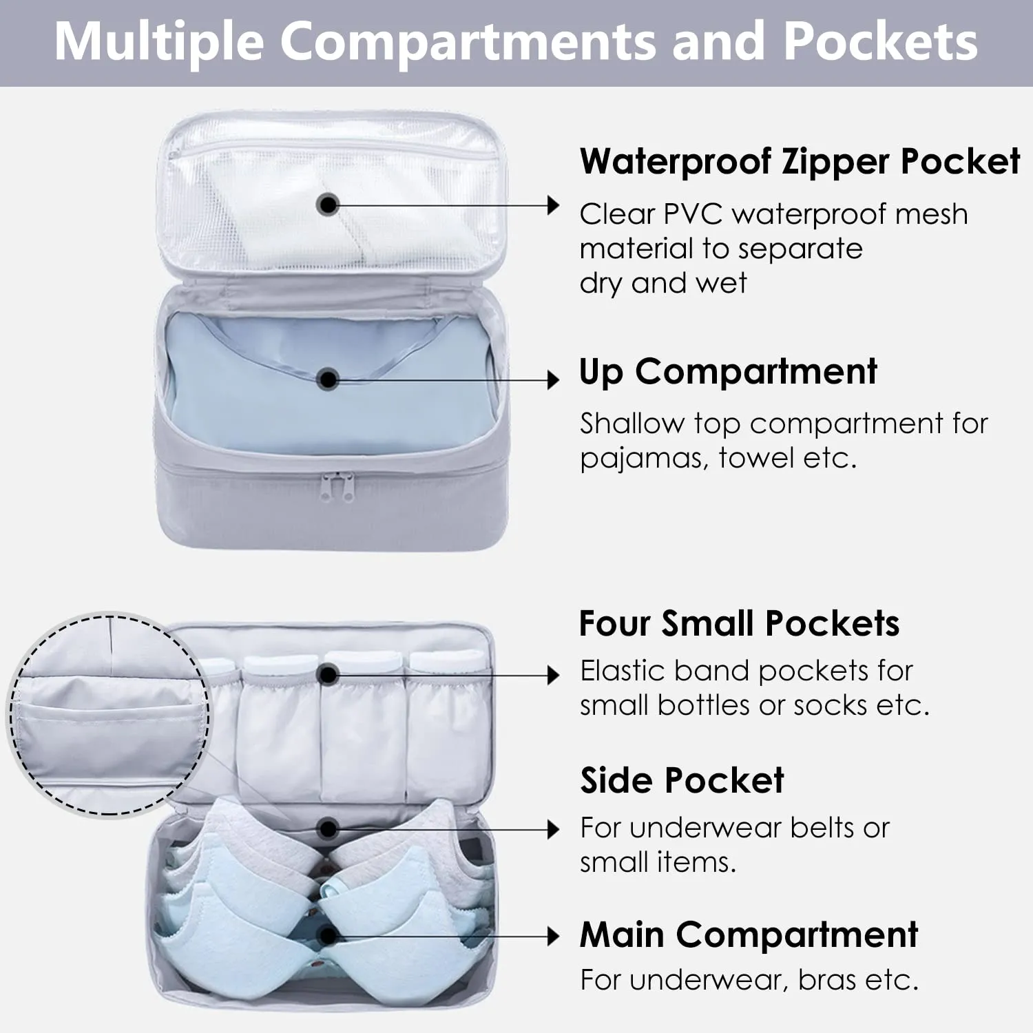Travel Double Layer Waterproof Organizer Cosmetic Toiletry Bag Grey HLC063