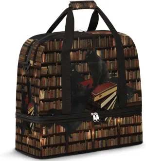 Travel Duffel Bag Bookshelf Book Cat Sport Gym Bag for Woman Man,Waterproof Foldable Weekend Overnight Bag for Yoga Workout Training with Shoe Compartment