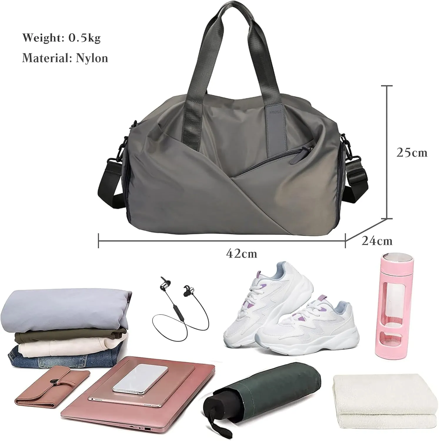 Travel Duffel Bag for Women/Men Ultra-Light Sport Duffel Bag Weekend Shoulder Bag Large Gym Tote Bag Overnight Bag Nylon Hospital Bag Carry On Luggage with Shoes Compartment and Wet Pocket Grey