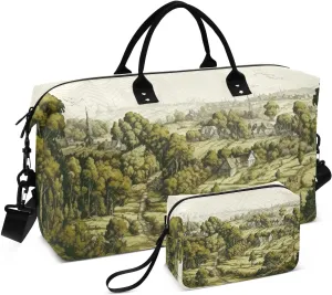 Travel Duffel Bag Large Weekender Overnight Bags for Women Men, Green Village Gym Bag with Toiletry Bag