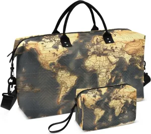 Travel Duffel Bag Large Weekender Overnight Bags for Women Men, Historic World Map Gym Bag with Toiletry Bag