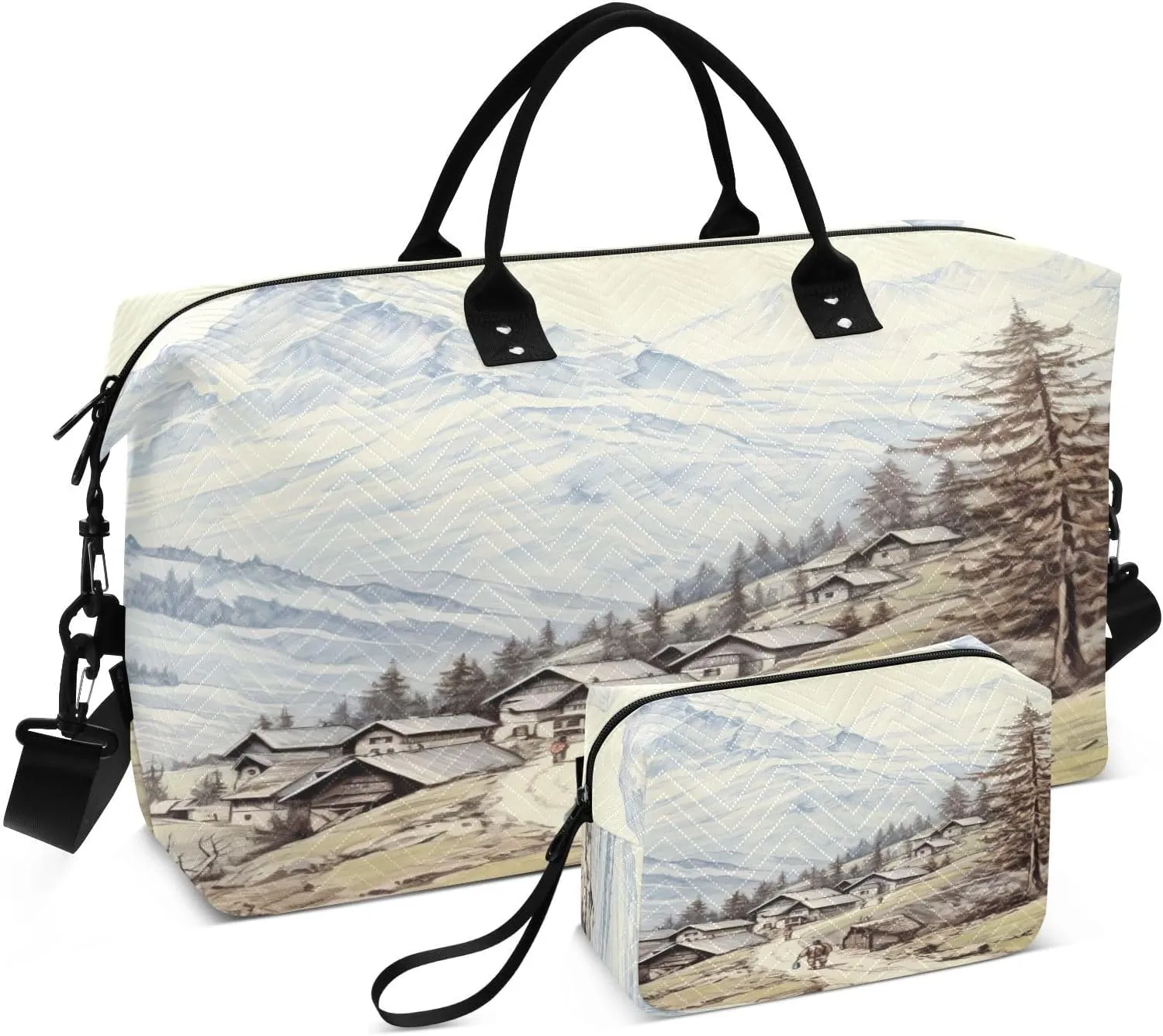 Travel Duffel Bag Large Weekender Overnight Bags for Women Men, Moutain Village Gym Bag with Toiletry Bag
