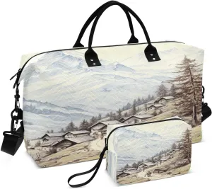 Travel Duffel Bag Large Weekender Overnight Bags for Women Men, Moutain Village Gym Bag with Toiletry Bag