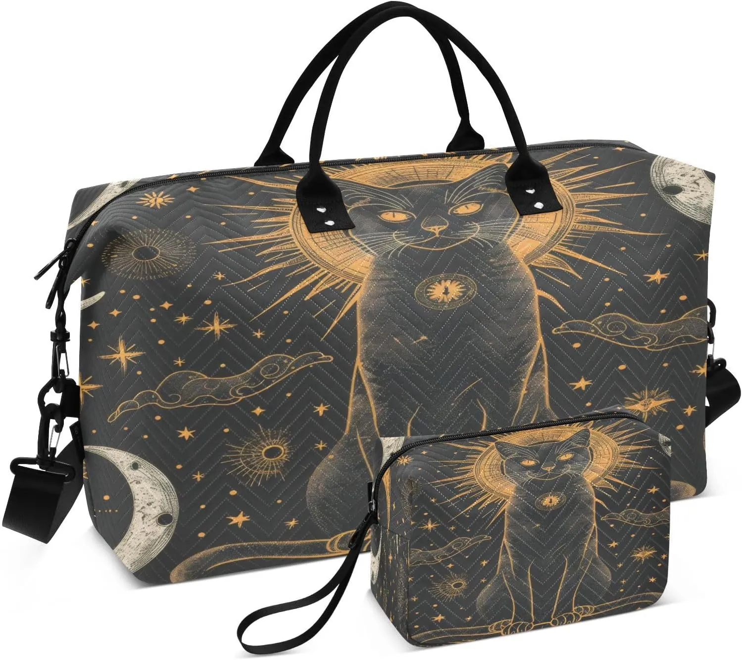 Travel Duffel Bag Large Weekender Overnight Bags for Women Men, Mystical Black Cat Gym Bag with Toiletry Bag