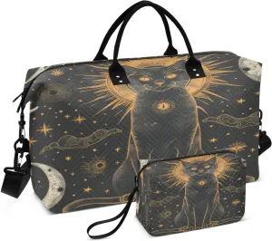 Travel Duffel Bag Large Weekender Overnight Bags for Women Men, Mystical Black Cat Gym Bag with Toiletry Bag