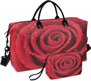 Travel Duffel Bag Large Weekender Overnight Bags for Women Men, Water Droplet on Rose Gym Bag with Toiletry Bag