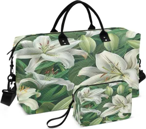 Travel Duffel Bag Large Weekender Overnight Bags for Women Men, White Lilies Gym Bag with Toiletry Bag