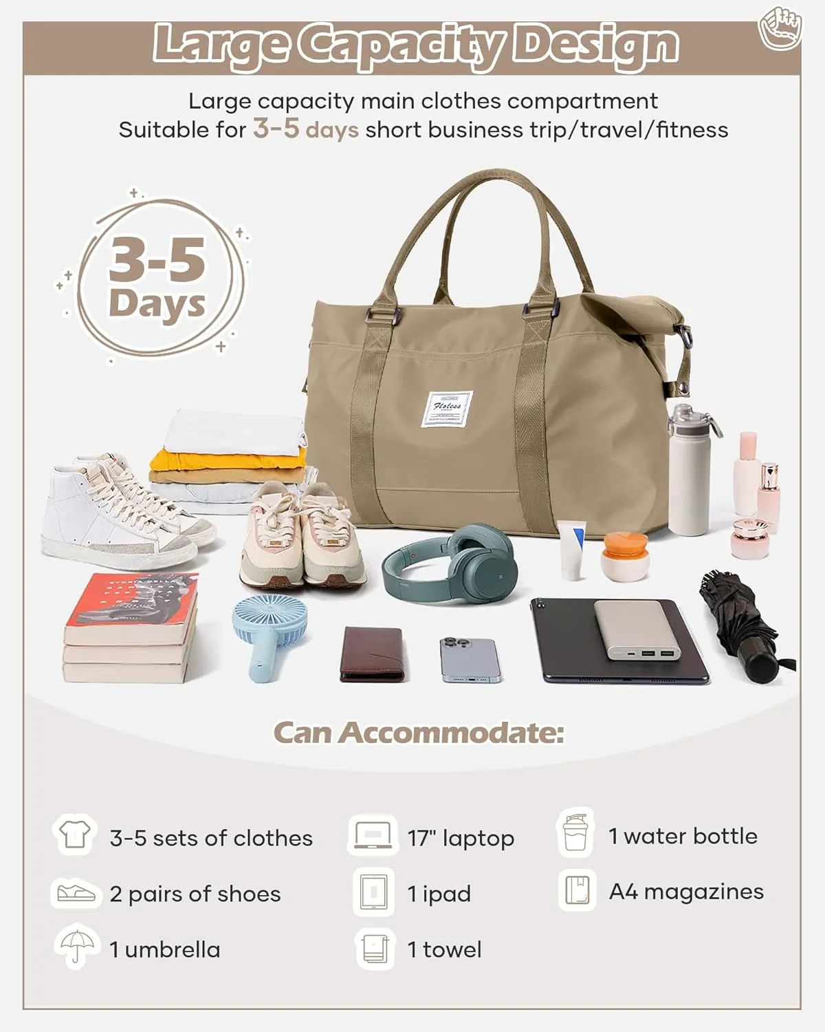 Travel Duffel Bags for Women Mens Waterproof Weekender Carry on Bag Sports Gym Bag Travel Tote Bags with Wet Pocket Overnight Bag Workout Duffel Bags with Trolley Sleeve Khaki