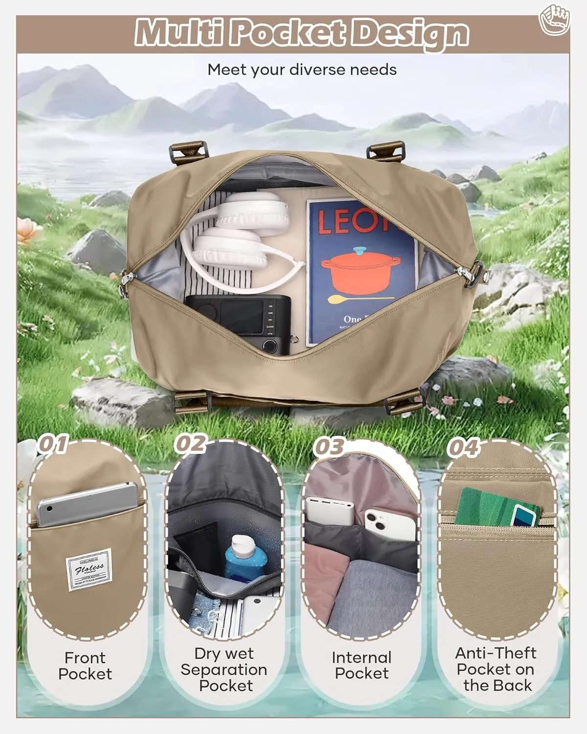 Travel Duffel Bags for Women Mens Waterproof Weekender Carry on Bag Sports Gym Bag Travel Tote Bags with Wet Pocket Overnight Bag Workout Duffel Bags with Trolley Sleeve Khaki