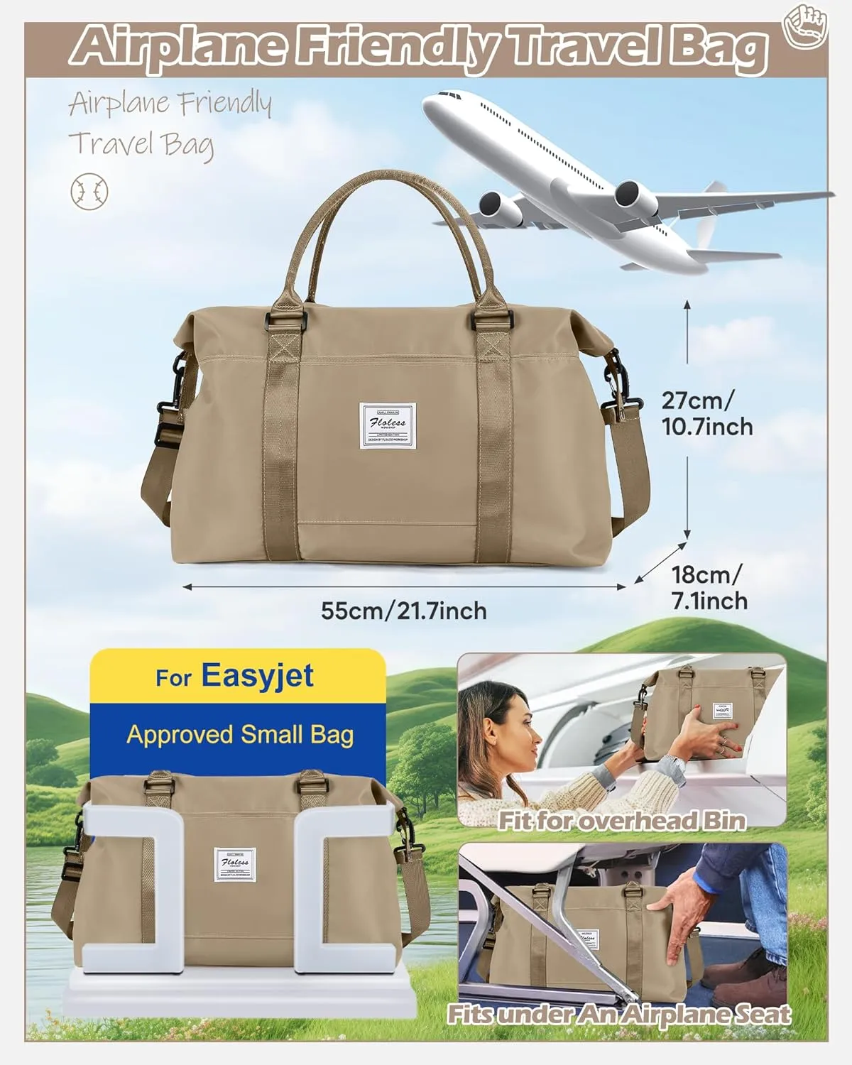 Travel Duffel Bags for Women Mens Waterproof Weekender Carry on Bag Sports Gym Bag Travel Tote Bags with Wet Pocket Overnight Bag Workout Duffel Bags with Trolley Sleeve Khaki