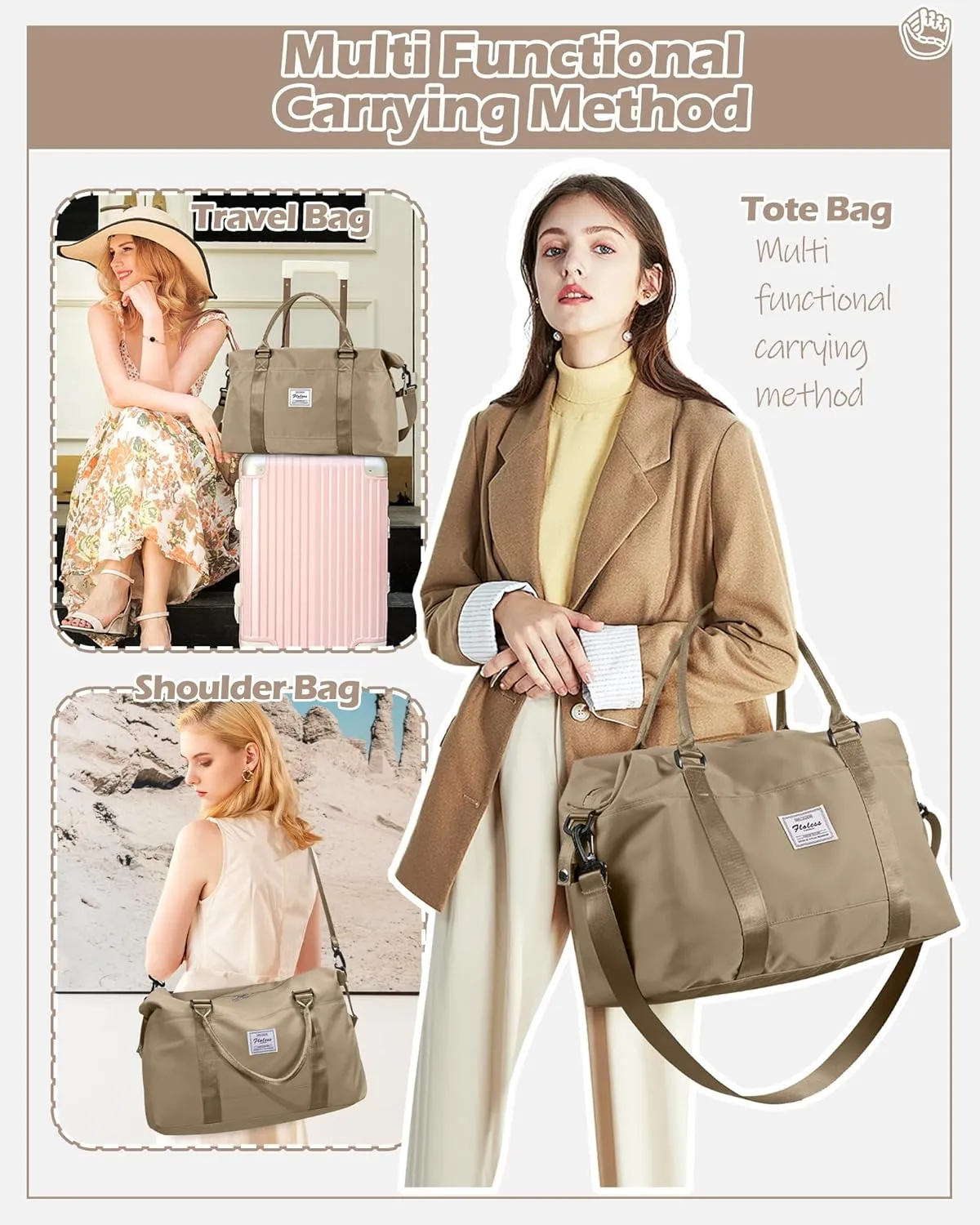 Travel Duffel Bags for Women Mens Waterproof Weekender Carry on Bag Sports Gym Bag Travel Tote Bags with Wet Pocket Overnight Bag Workout Duffel Bags with Trolley Sleeve Khaki