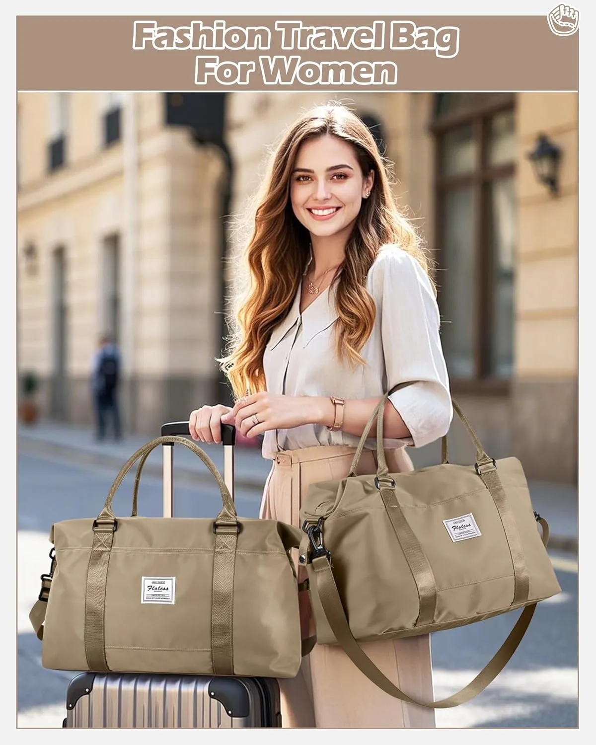 Travel Duffel Bags for Women Mens Waterproof Weekender Carry on Bag Sports Gym Bag Travel Tote Bags with Wet Pocket Overnight Bag Workout Duffel Bags with Trolley Sleeve Khaki