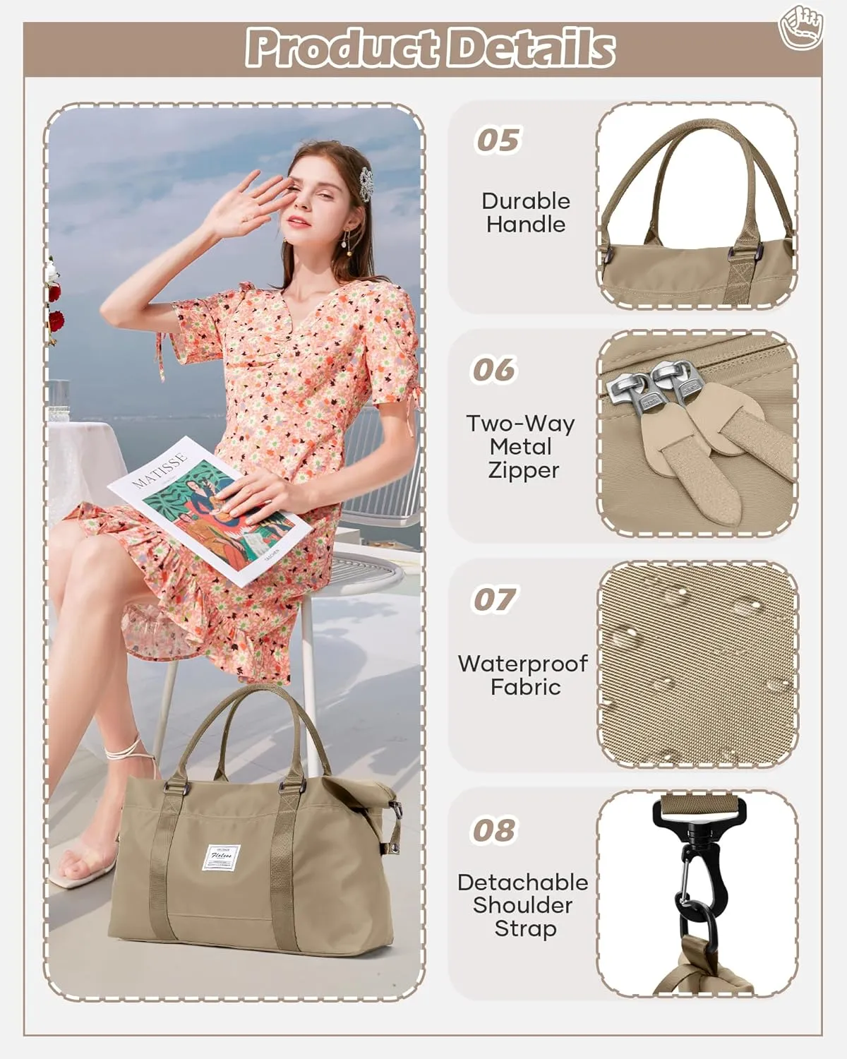 Travel Duffel Bags for Women Mens Waterproof Weekender Carry on Bag Sports Gym Bag Travel Tote Bags with Wet Pocket Overnight Bag Workout Duffel Bags with Trolley Sleeve Khaki
