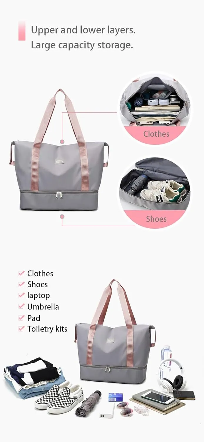 Travel Duffle Bag, Waterproof Large Foldable Airline Approved Tote Bag, Weekender, Overnight Gym Dry&Wet Separation Carry On, Hospital Bag for Labor and Delivery with Luggage Sleeve (DeepPink)