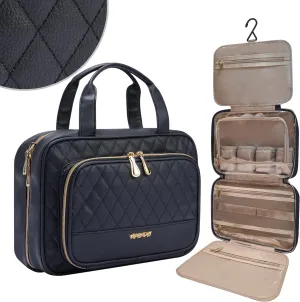 Travel Toiletry Bag For Women,PU Leather Water-resistant Makeup Bag Organizer With Hanging Hook,Cosmetic Bag For Accessories/Cosmetics/Toiletries (Black)